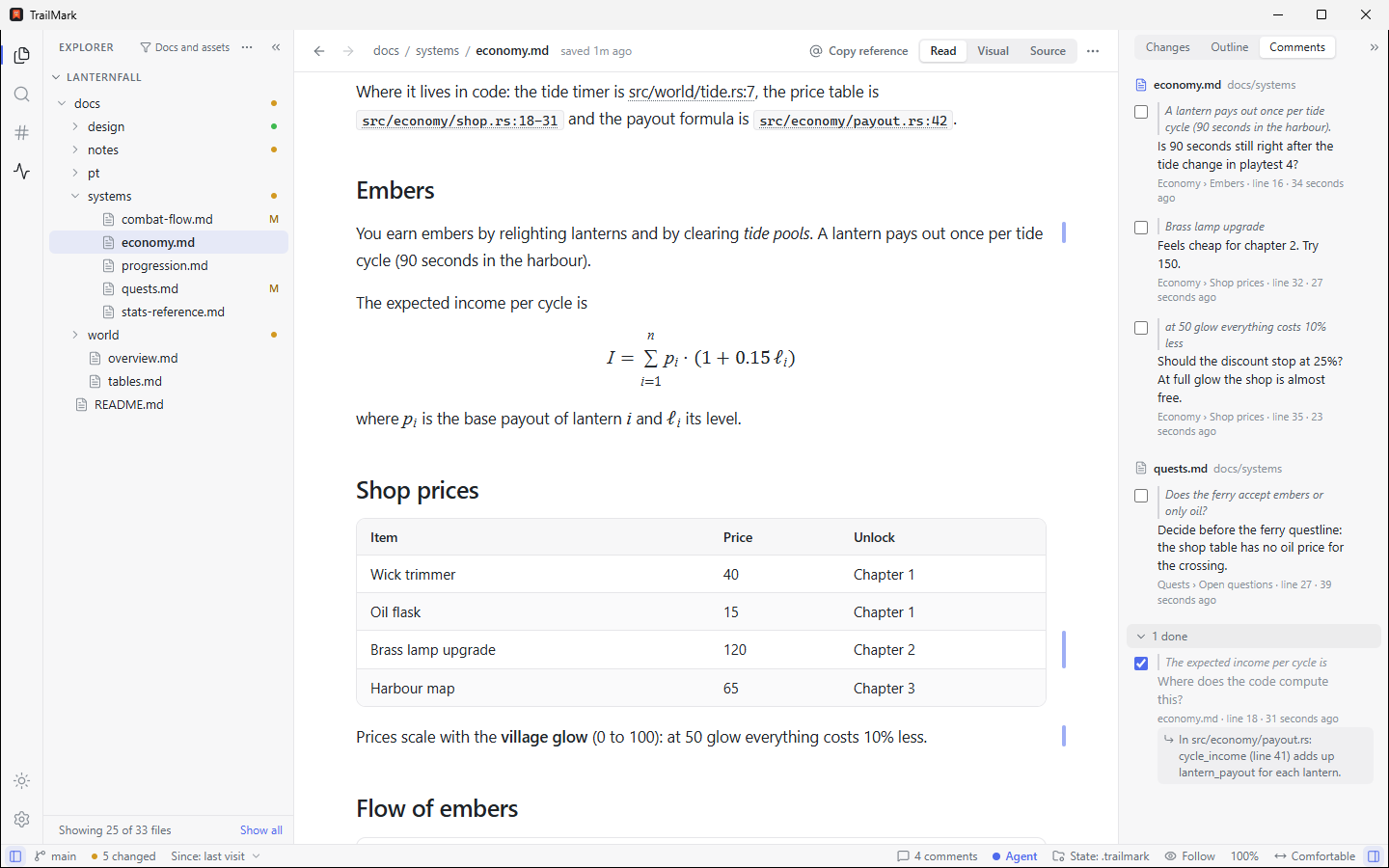 A document with comment bars in the margin, and the Comments tab listing the open comments by document, with one done comment showing the agent's reply.