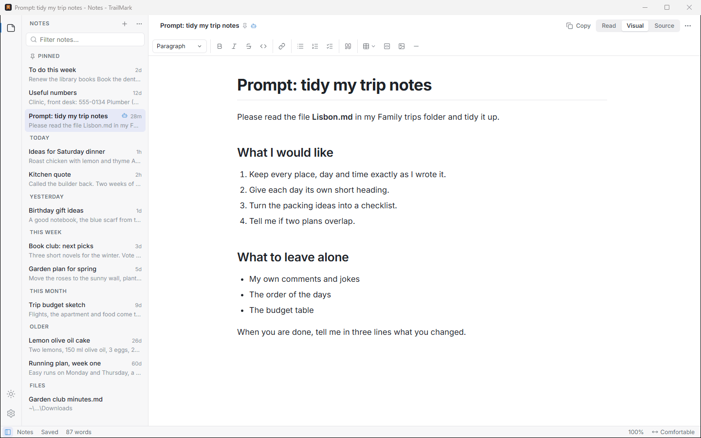 The Notes window: pinned notes (a to-do list, useful numbers and a prompt drafted for an AI agent, shared with agents) above notes grouped by date and a loose file under Files, with the prompt open in the Visual editor.